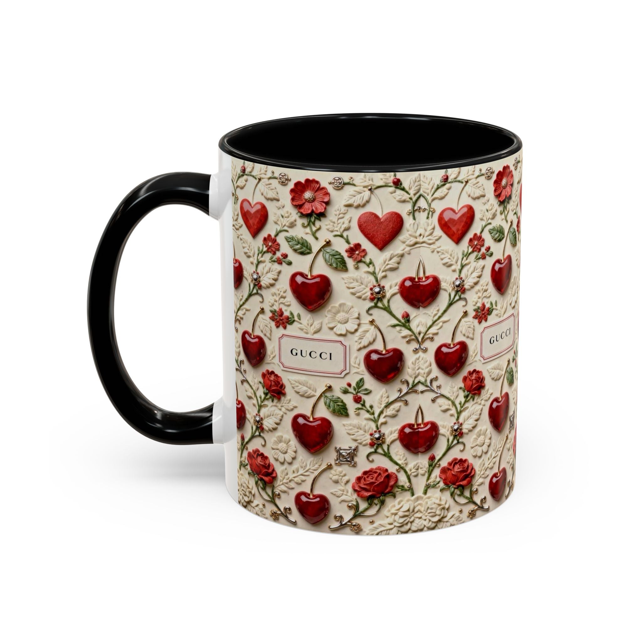 Heart & Rose Pattern Coffee Mug — Floral Vintage Accent Ceramic Mug (11/15 oz)