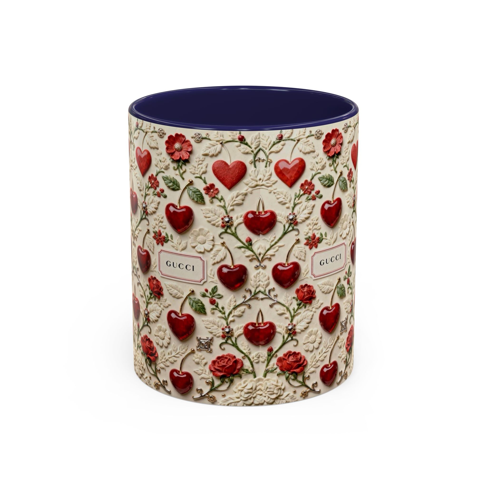Heart & Rose Pattern Coffee Mug — Floral Vintage Accent Ceramic Mug (11/15 oz)