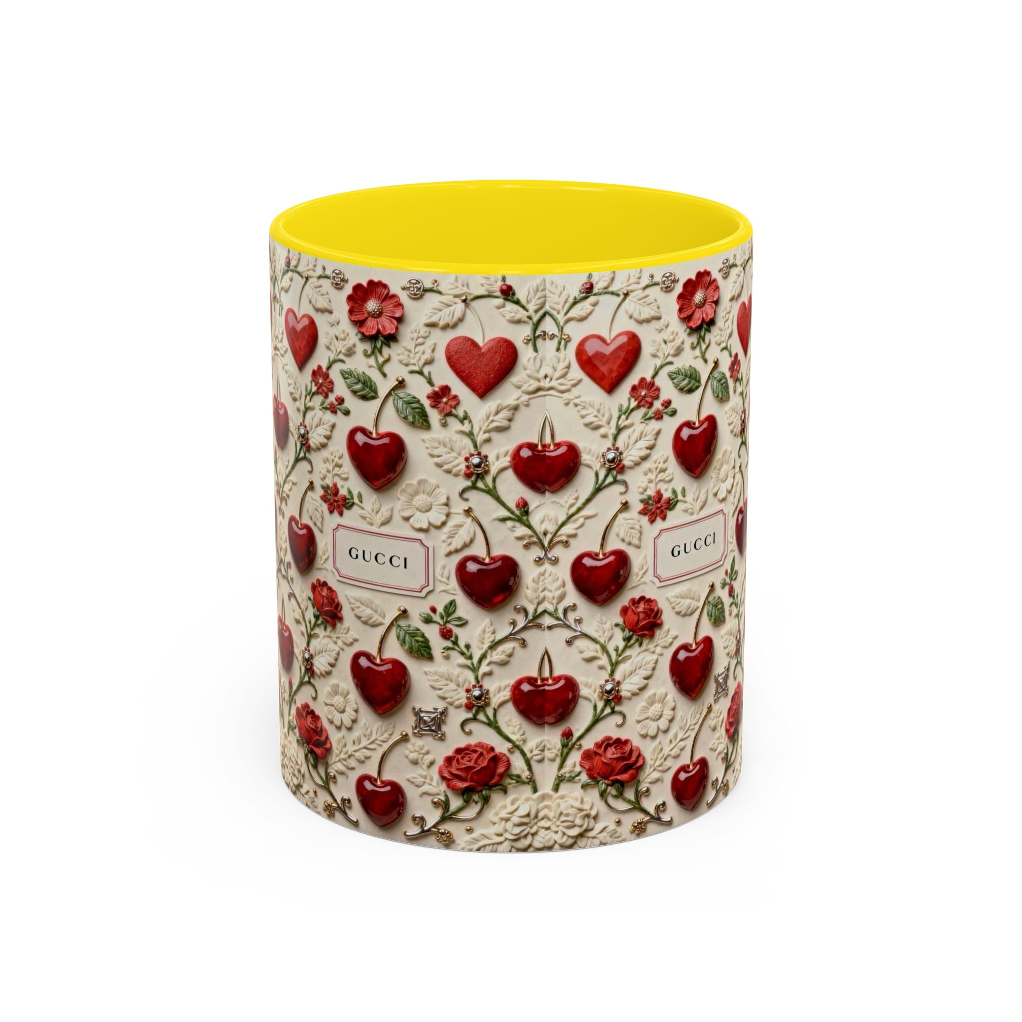 Heart & Rose Pattern Coffee Mug — Floral Vintage Accent Ceramic Mug (11/15 oz)