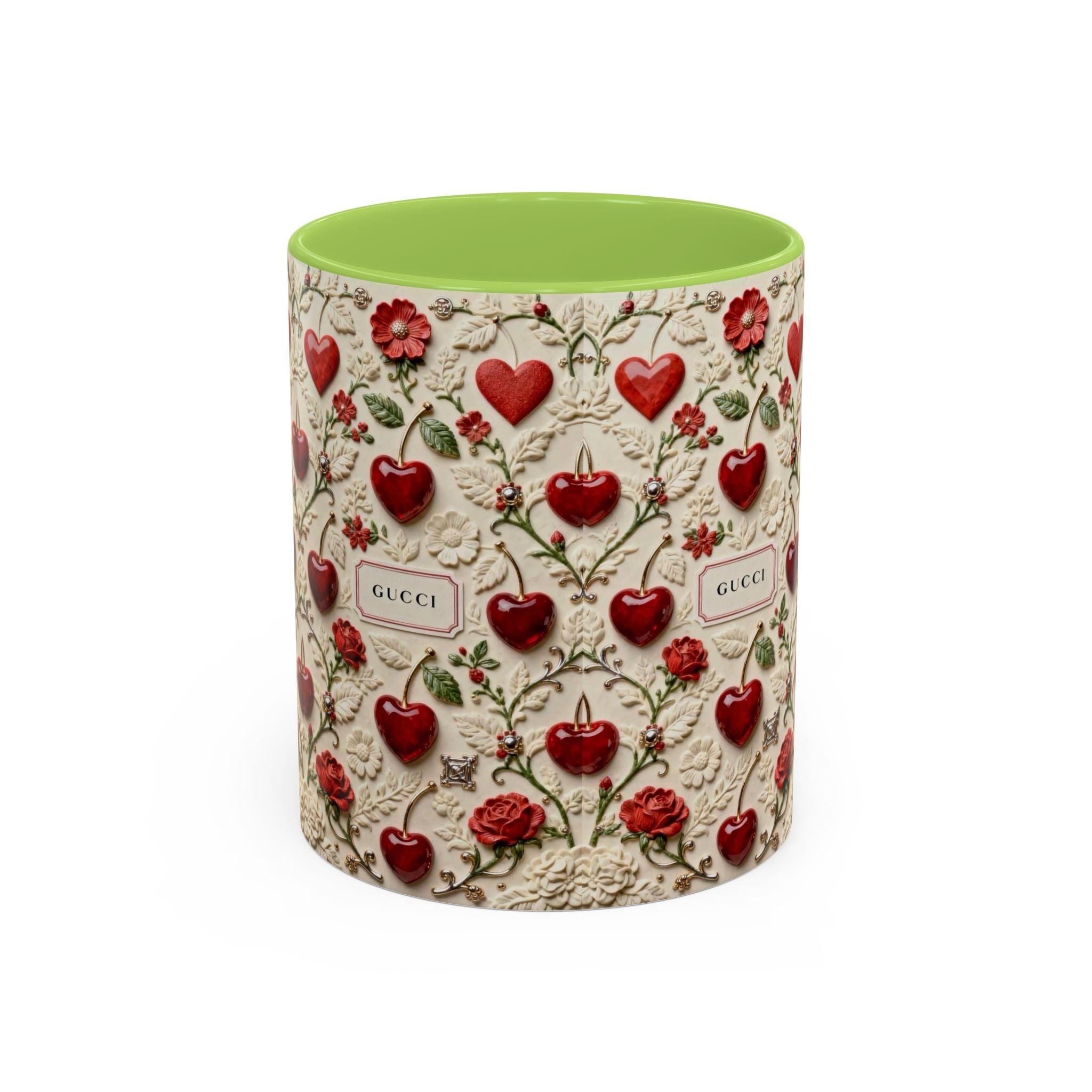Heart & Rose Pattern Coffee Mug — Floral Vintage Accent Ceramic Mug (11/15 oz)