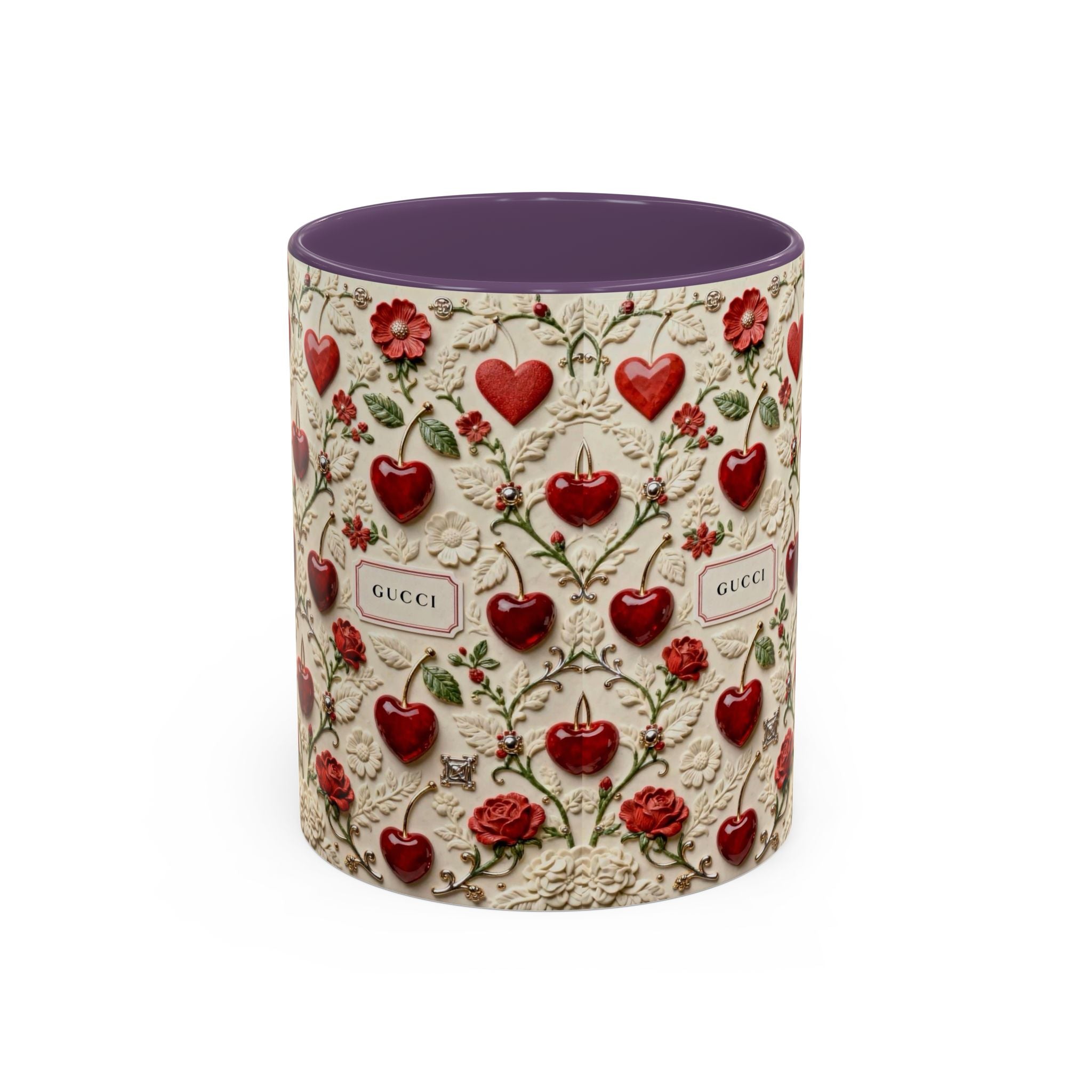Heart & Rose Pattern Coffee Mug — Floral Vintage Accent Ceramic Mug (11/15 oz)