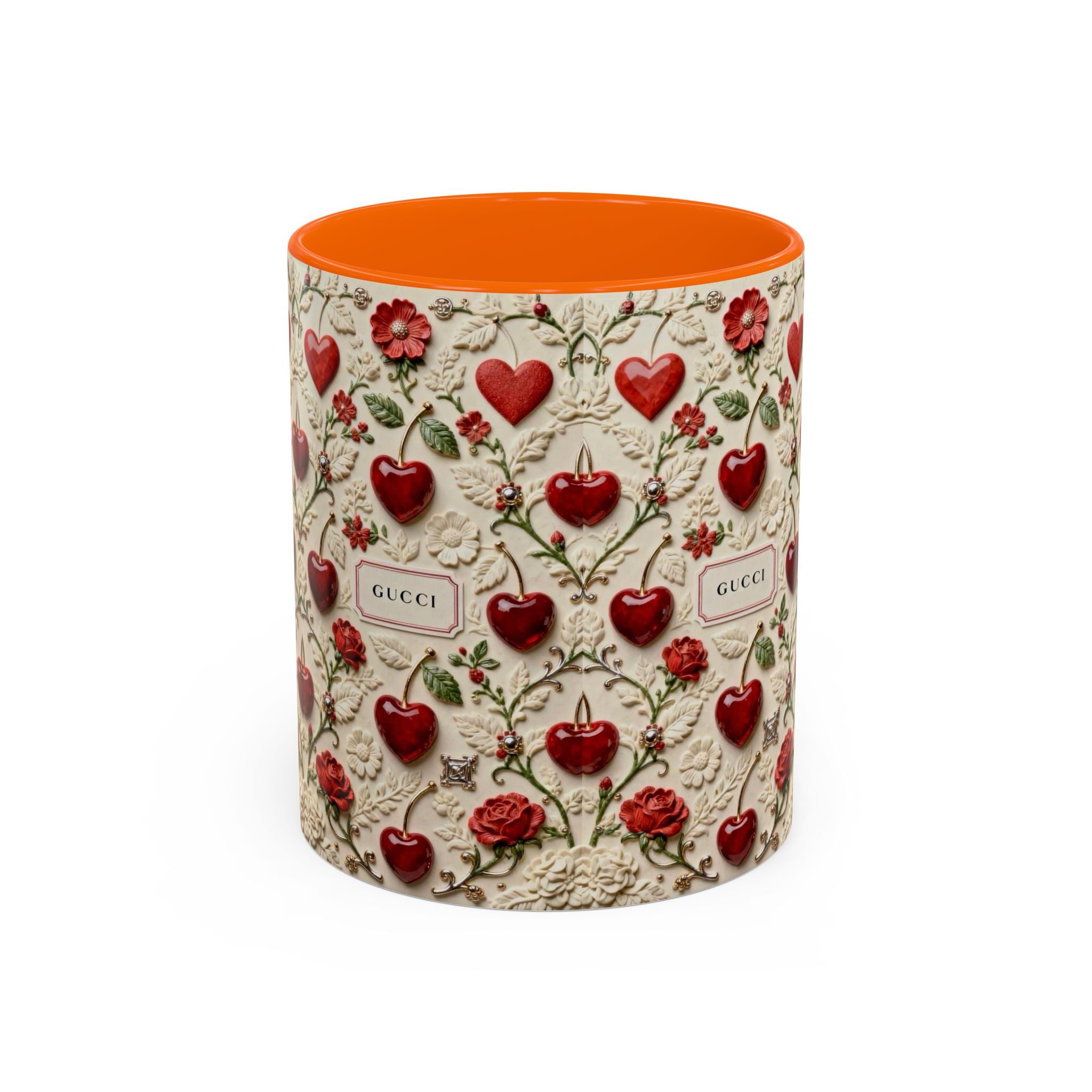 Heart & Rose Pattern Coffee Mug — Floral Vintage Accent Ceramic Mug (11/15 oz)