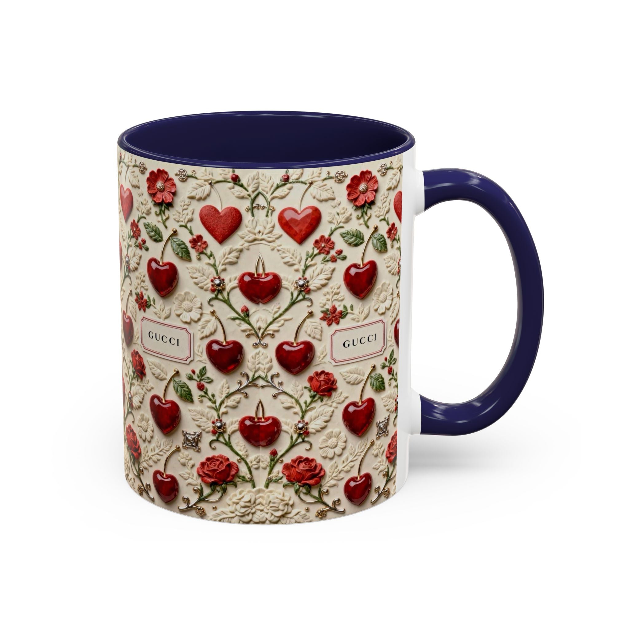 Heart & Rose Pattern Coffee Mug — Floral Vintage Accent Ceramic Mug (11/15 oz)
