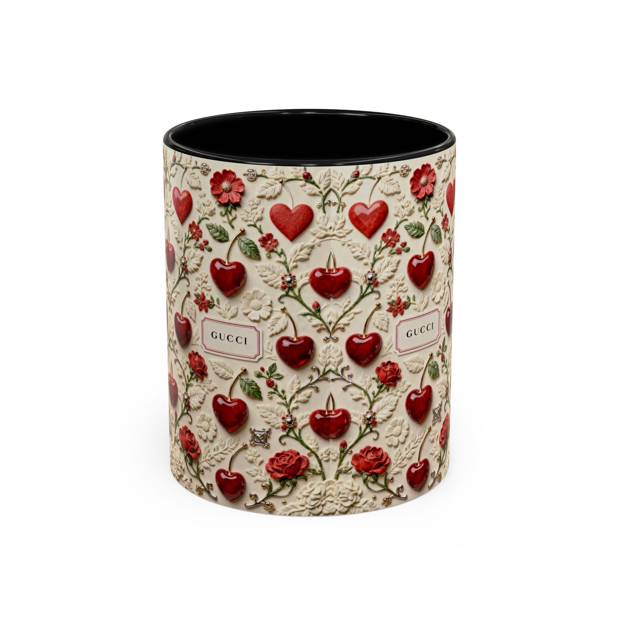 Heart & Rose Pattern Coffee Mug — Floral Vintage Accent Ceramic Mug (11/15 oz)