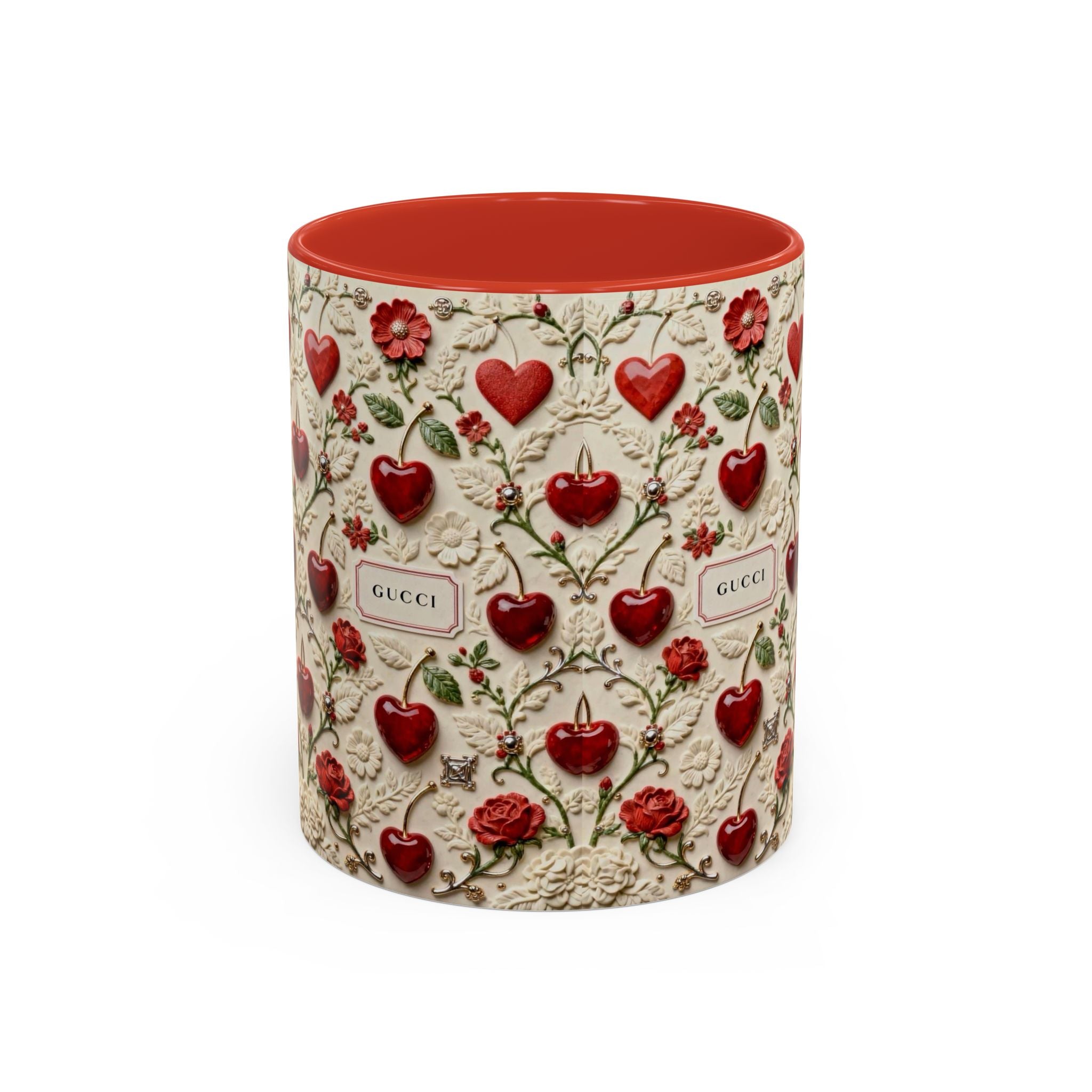 Heart & Rose Pattern Coffee Mug — Floral Vintage Accent Ceramic Mug (11/15 oz)