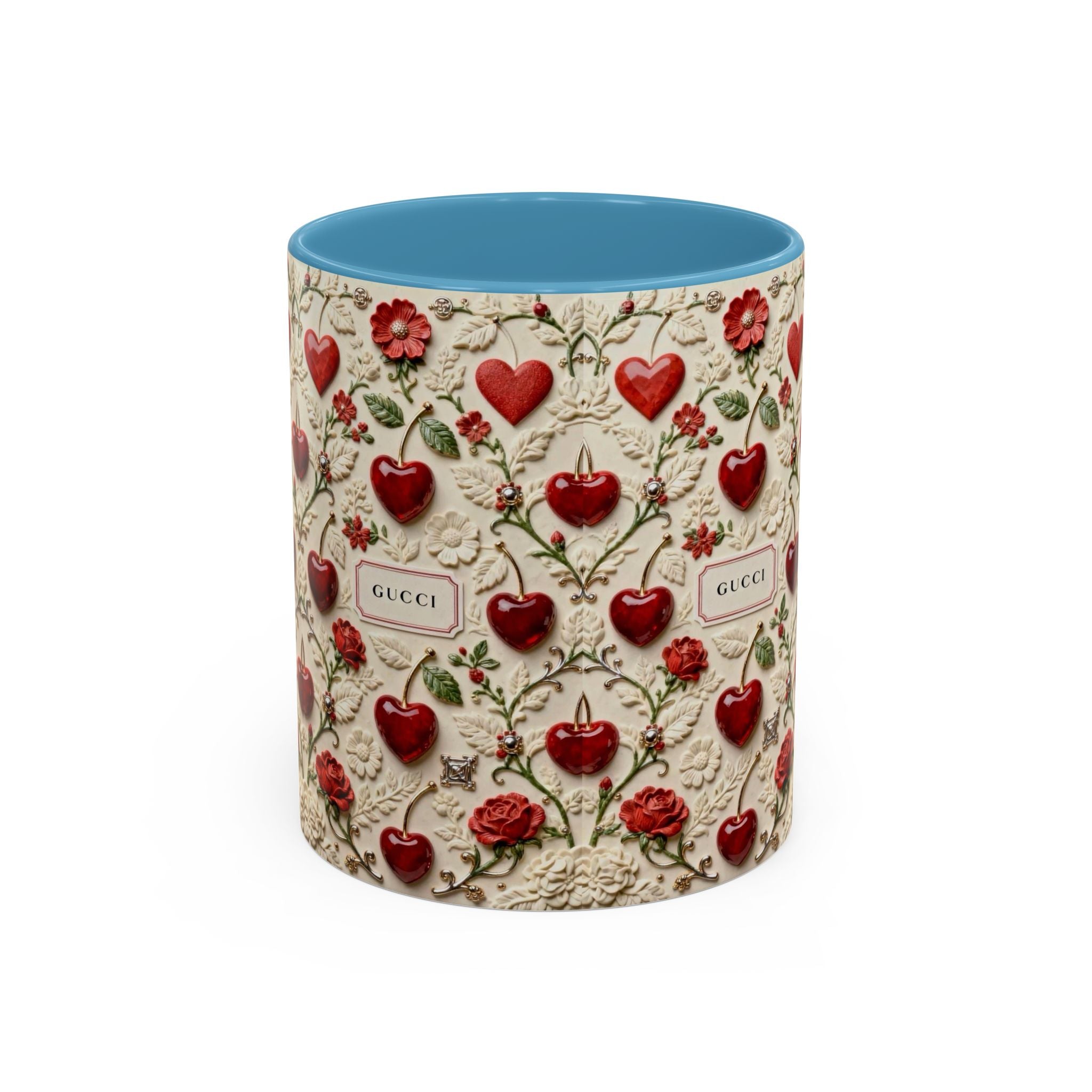 Heart & Rose Pattern Coffee Mug — Floral Vintage Accent Ceramic Mug (11/15 oz)