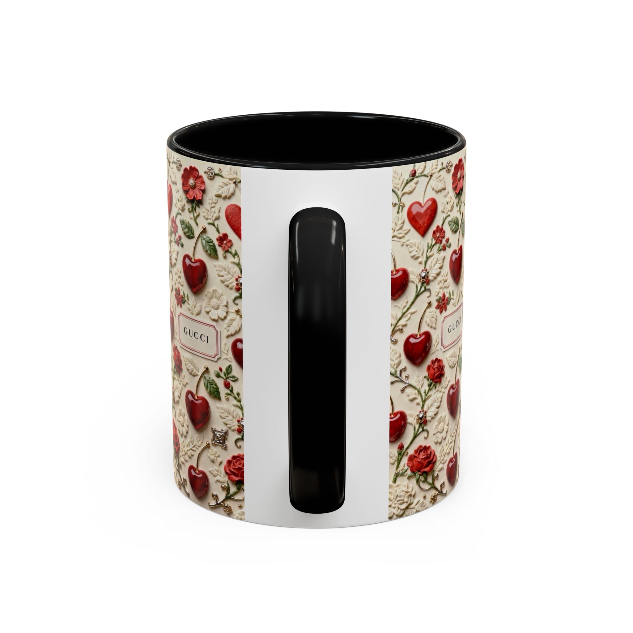 Heart & Rose Pattern Coffee Mug — Floral Vintage Accent Ceramic Mug (11/15 oz)
