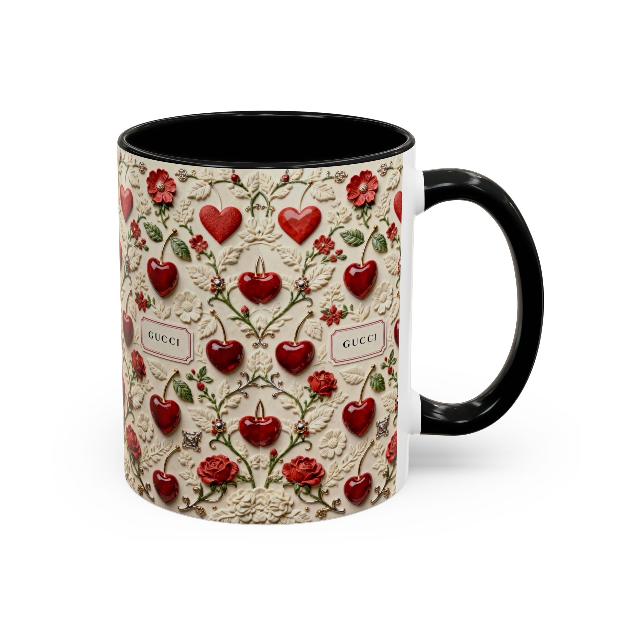 Heart & Rose Pattern Coffee Mug — Floral Vintage Accent Ceramic Mug (11/15 oz)